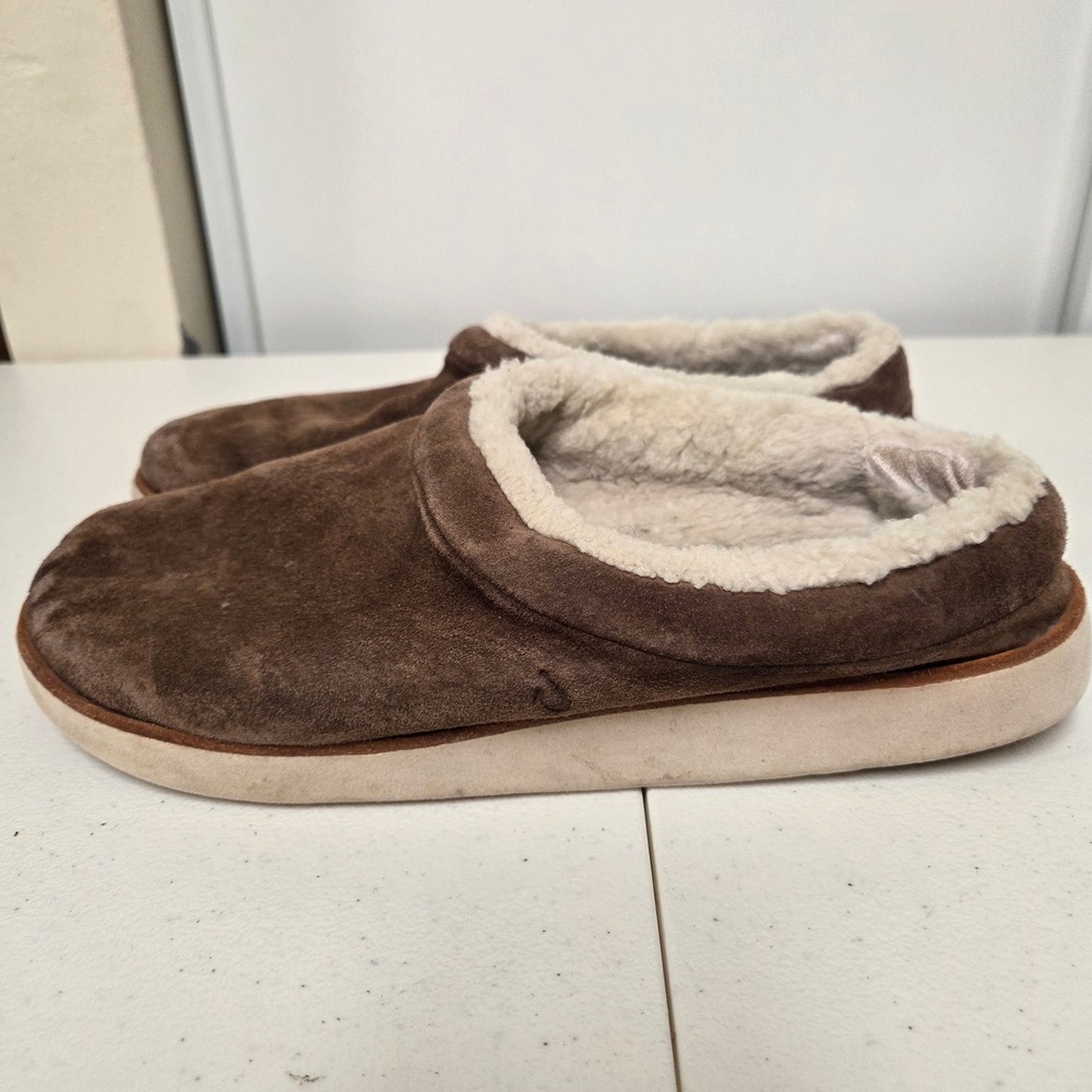 OluKai Moloa Suede Shearling Slippers Dark Wood Sahara 20542-8LGS Womens 11